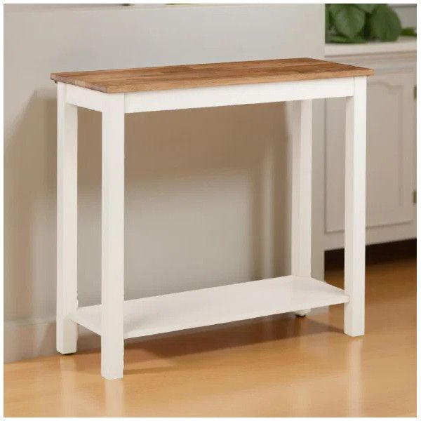 White Coxmoor Console Table with oak-effect top and lower shelf, slim design against neutral wall.