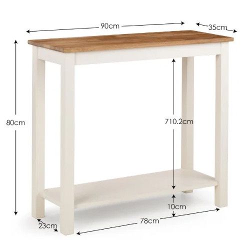 Coxmoor Console Table with dimensions: 90cm wide, 35cm deep, 80cm high, cream base and wood top.