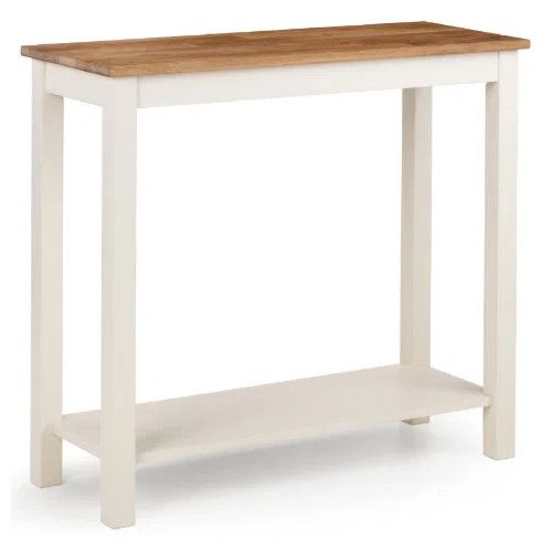 Coxmoor Console Table with natural wood top and cream base, featuring a lower shelf.