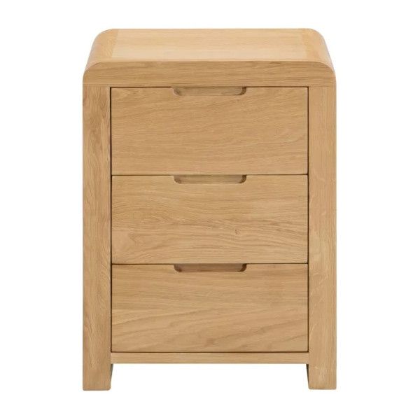 Front view of the Curve Bedside cabinet featuring three closed drawers and a warm oak wood grain finish.