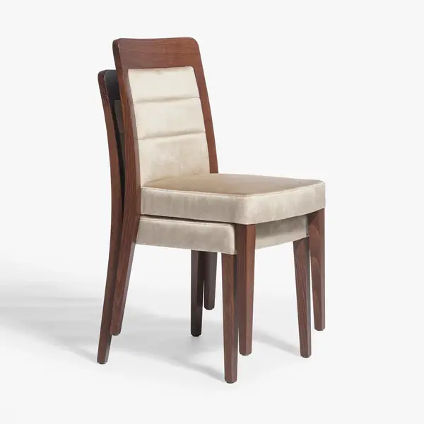 Two Dora Stacking Side Chairs nested together, featuring a rich wood frame and channeled light-colored seat upholstery.