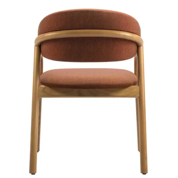 Rear view of the Elia Armchair, showcasing its sturdy timber frame and curved upholstered backrest on a white background.