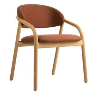 Elia lounge chair with light wood frame and rust-colored upholstered seat and curved back, isolated on white background.