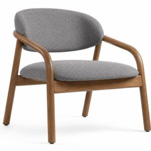 Elia Lounge Chair featuring grey textured upholstery and a natural wood frame, captured in a clear, elevated view.