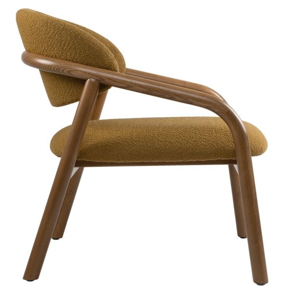 Side profile of the Elia Lounge Chair showcasing its smooth wooden frame and plush mustard boucle upholstery.