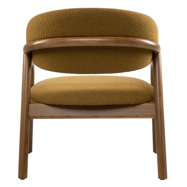 Rear view of the Elia Lounge Chair displaying its curved wooden support and golden mustard boucle fabric upholstery.