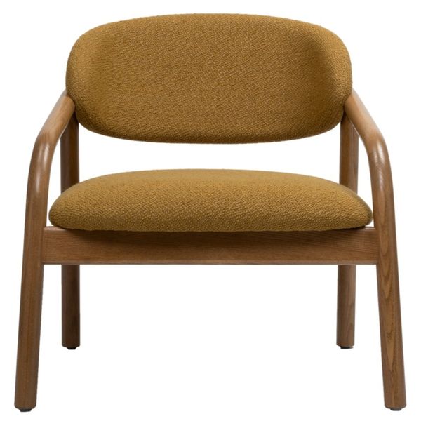 Direct front view of the Elia Lounge Chair showing its mustard boucle upholstery set within a polished wooden frame.