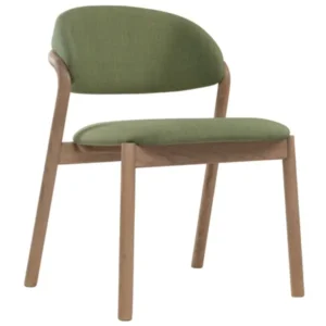 Elia side chair featuring a light wood frame and sage green upholstered seat and curved backrest, angle view.
