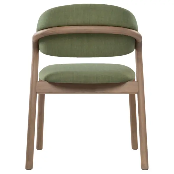 Back view of the Elia armchair, highlighting its curved wooden frame and olive green upholstered seating.