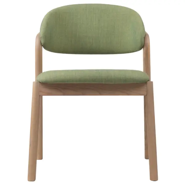 Front view of the Elia Side Chair with light wood frame and textured green fabric upholstery on seat and back.