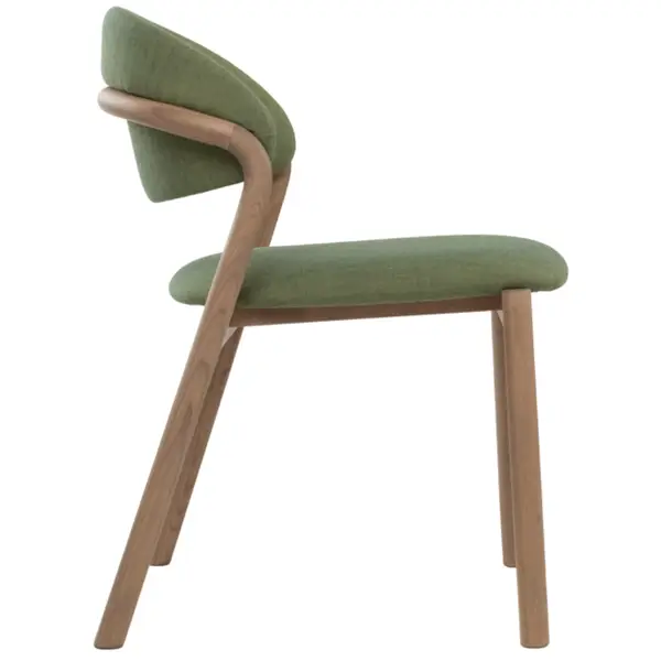 Profile view of the Elia Side Chair showing a sleek wooden frame and vibrant green upholstered seat and backrest.