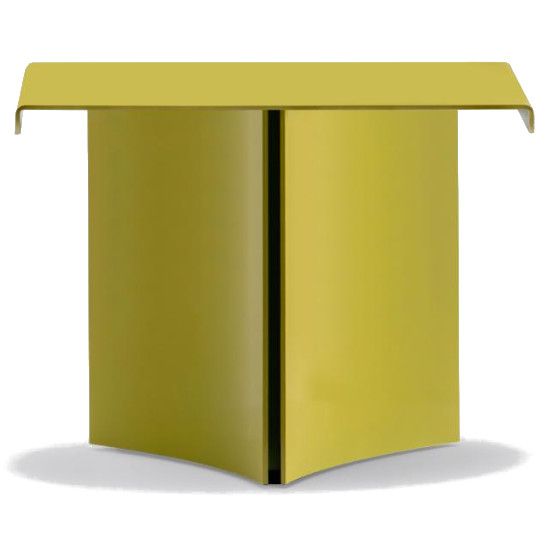 Estratto round coffee table in bold olive yellow, showcased from a low-angle front view highlighting its geometric base.