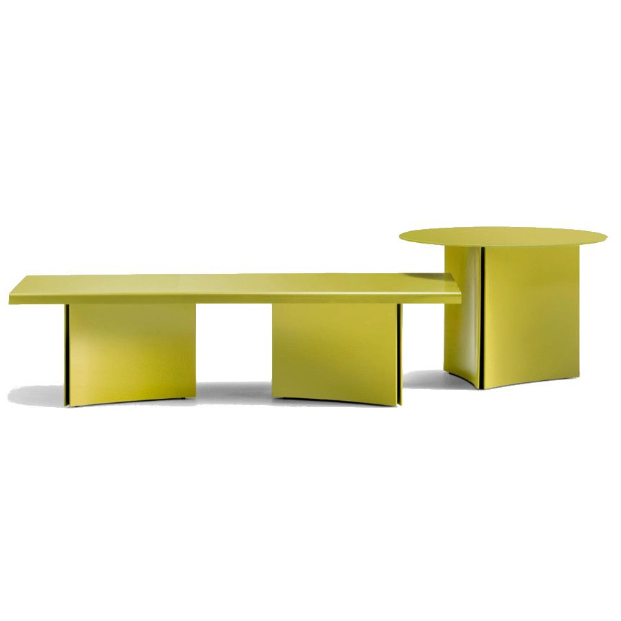 Estratto coffee table duo in lime green metal with a long rectangular top and a side circular unit on a white background.