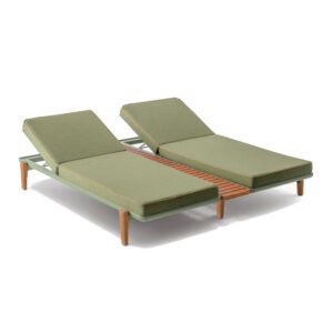 Fibra XL double sun lounger with green upholstered cushions, teak legs, and adjustable backrests on a white background.