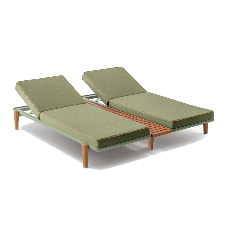 Fibra XL double sun lounger with green upholstered cushions, teak legs, and adjustable backrests on a white background.