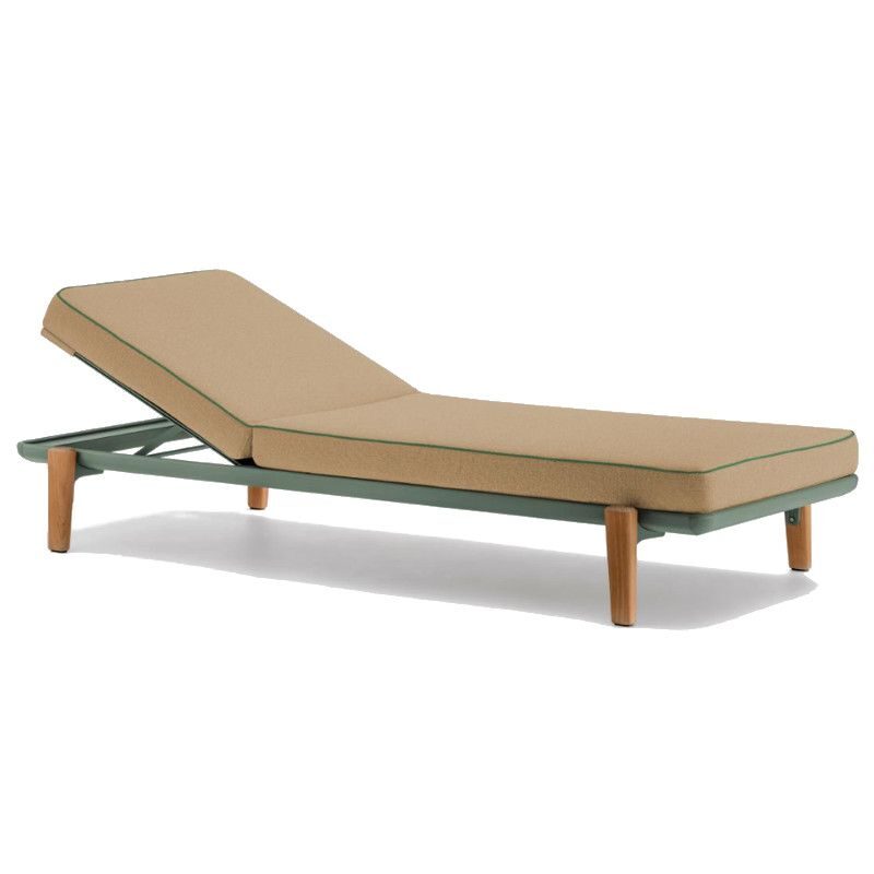 Fibra Sun Lounger in sage green metal frame with light brown upholstered cushion and natural wood legs, side view.