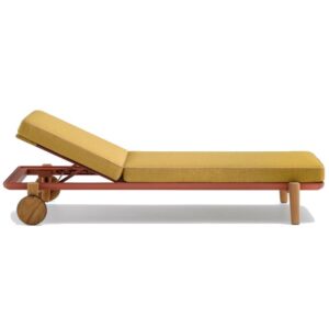 Side view of Fibra W Sun Lounger with yellow upholstered cushion, terracotta metal frame, and wooden legs and wheels.