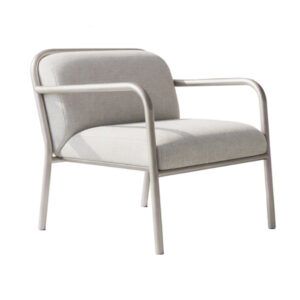 Heidi Armchair in light grey upholstery with curved metal frame, angled side view.