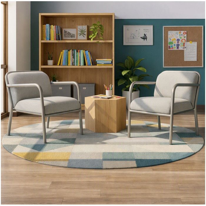 Two light grey Heidi armchairs with silver metal frames facing a wooden coffee table in a study.