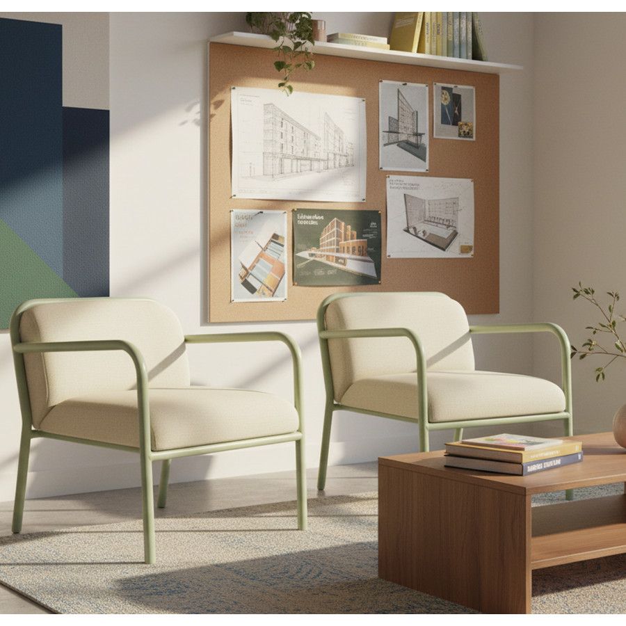 Cream Heidi Armchair with sage green metal frame beside wooden table in bright interior.