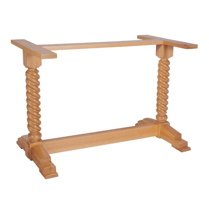 Heritage Twin Dining Table Base in natural wood with turned spiral columns, pedestal design for commercial use.