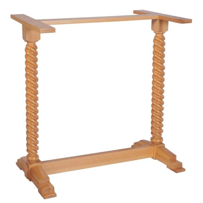 Heritage Twin Poseur Table Base in light wood with turned spiral columns and pedestal feet, shown at an angle.