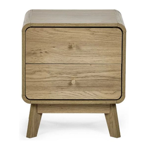 Front view of Ingrid bedside table in oak finish with two closed drawers, splayed wooden legs, and smooth rounded edges.