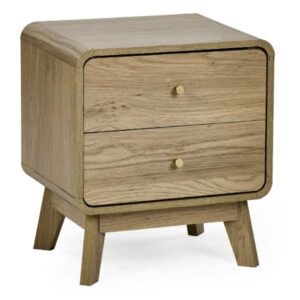 Ingrid bedside table in light wood with two drawers, rounded edges, and small round gold knobs on white background.