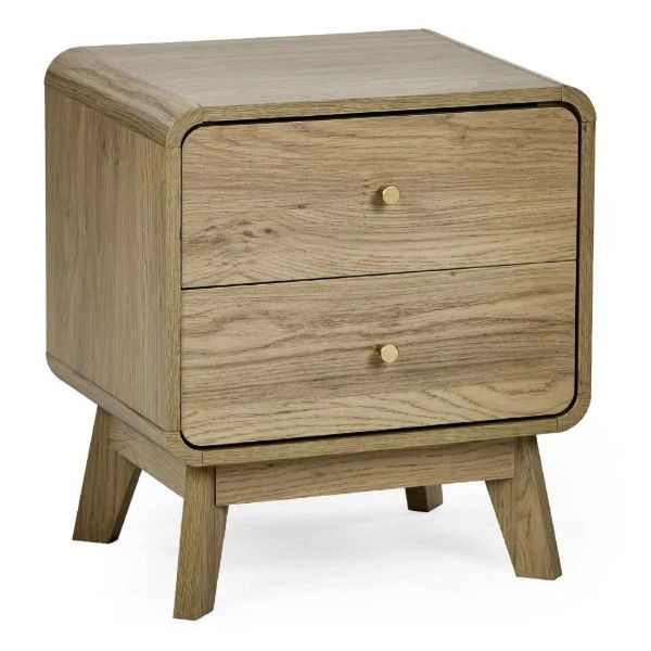 Ingrid bedside table in light wood with two drawers, rounded edges, and small round gold knobs on white background.