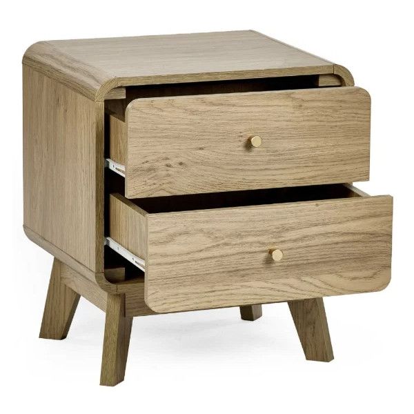 Ingrid bedside table in natural oak finish featuring two open drawers, curved frame edges, and metallic hardware.