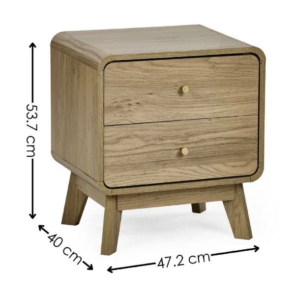 Ingrid bedside table in oak wood, showing two drawers with gold pulls and dimensions marked on a white background.