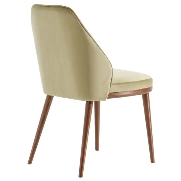 Rear view of Iris Side Chair showing smooth sage velvet upholstery, dark timber frame, and minimalist tapered legs.
