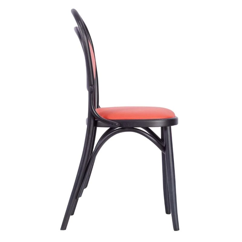 Side view of Isla Side Chair with black wooden frame and red upholstered seat and back