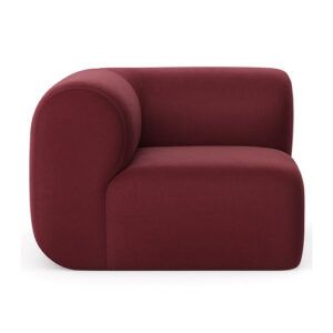 Jane Corner Modular Sofa in deep burgundy upholstery with rounded arm, side angle view