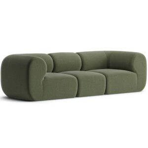 Olive green Jane Modular Sofa with rounded, upholstered modular pouf sections and sculpted back.