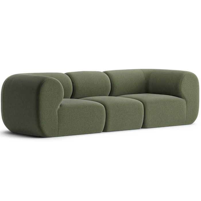 Olive green Jane Modular Sofa with rounded, upholstered modular pouf sections and sculpted back.