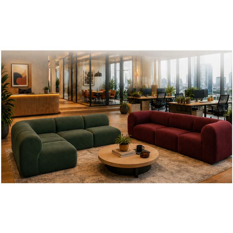 Jane Corner Modular Sofa in forest green and burgundy, set in office lounge with round table