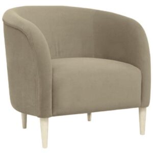Larens lounge chair in beige fabric with a rounded upholstered back and light wooden four-legged base.