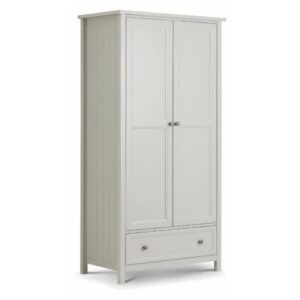 Maine 2 door wardrobe in light grey with panelled doors, two metal knobs, and a spacious bottom storage drawer.