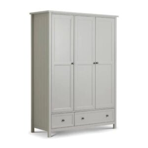Maine 3-door wardrobe in dove-grey with panelled doors, two lower drawers, and pewter handles, angled studio view.