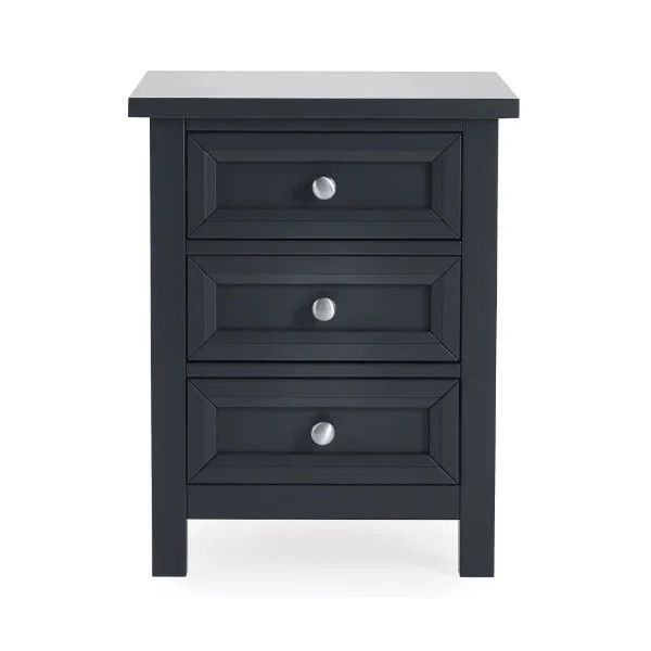 Front view of the dark charcoal Maine bedside table featuring three drawers with silver knobs and framed panel detailing.