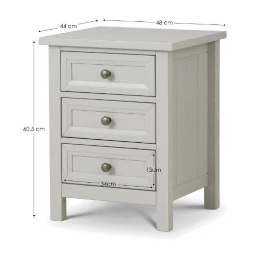Technical diagram of a light grey Maine bedside table with three drawers, showing specific width, depth, and height.