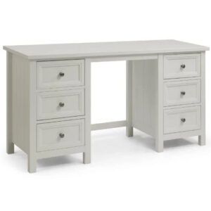 Maine Desk Table in a white finish with six drawers and a classic wooden design, shown from a front-facing perspective.