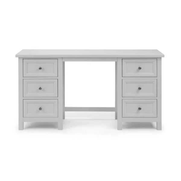 Close-up view of the Maine Desk Table showing its symmetrical six-drawer storage and clean white finish.