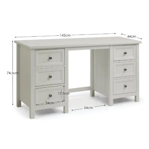 Maine Desk Table showing detailed dimensions in centimeters, featuring a white six-drawer design at a three-quarter angle.