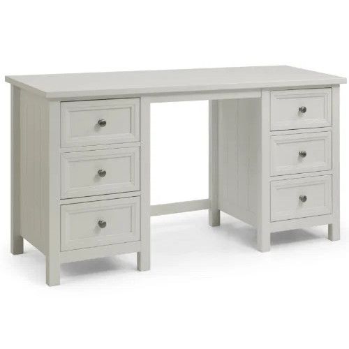 Maine Desk Table in a white finish with six drawers and a classic wooden design, shown from a front-facing perspective.