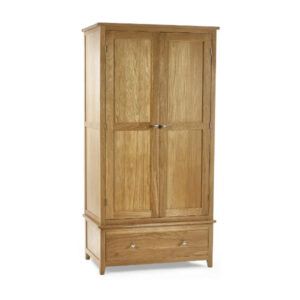 Mallory 2 door oak wardrobe with a lower drawer and simple metal handles, shown in a studio shot against a white background.
