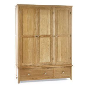 Mallory 3 door oak wardrobe with a natural wood grain finish, three hinged doors, and two lower storage drawers.