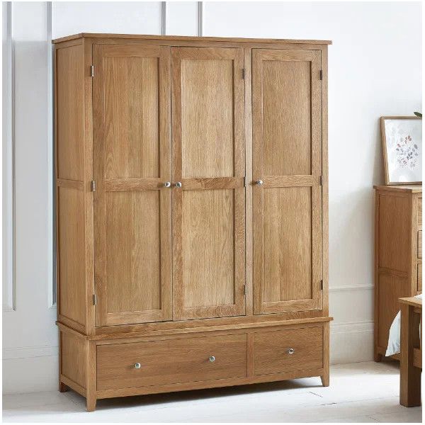 Full front view of the Mallory 3 Door Wardrobe in oak veneer, featuring three vertical cupboard doors and two base drawers.