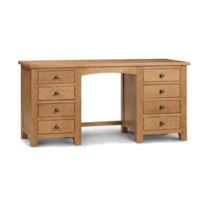 Marlborough Double Desk Table in natural wood with eight drawers and arched kneehole, front view.